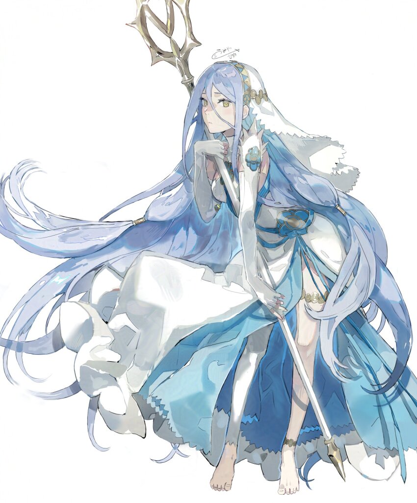 1girl aisutabetao azura_(fire_emblem) barefoot blue_hair dress elbow_gloves fingerless_gloves fire_emblem fire_emblem_fates gloves hair_between_eyes hairband highres holding holding_polearm holding_weapon jewelry long_hair looking_at_viewer nintendo polearm revision signature solo spear veil very_long_hair weapon yellow_eyes