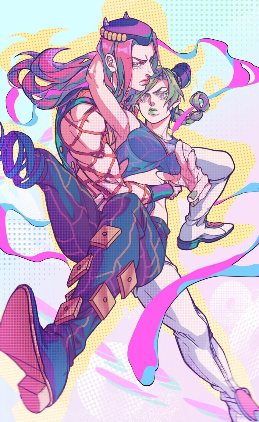 1boy 1girl 61troyard arm_around_neck blue_pants braid braided_ponytail breasts closed_mouth commentary commentary_request cone_hair_bun couple double_bun fake_horns fishnet_top fishnets green_eyes green_hair green_lips green_nails hair_bun halterneck hat highres horned_headwear horns hug jojo_no_kimyou_na_bouken kuujou_jolyne long_hair makeup medium_breasts midriff multicolored_hair narciso_anasui pants pink_eyes pink_hair pink_lips purple_hat spider_web_print stone_ocean thighhighs two-tone_hair white_thighhighs