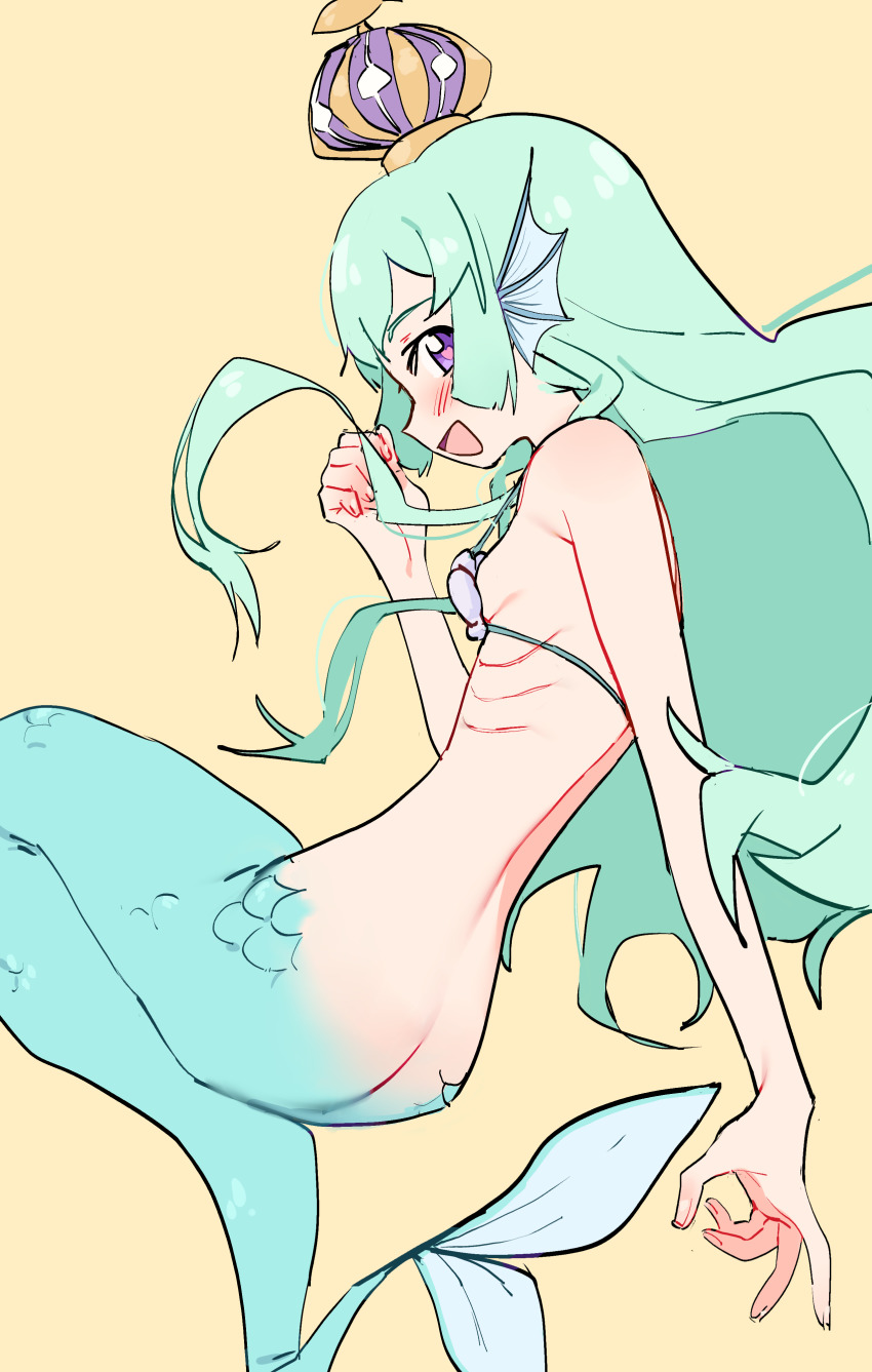 1girl :d absurdres armpit_crease ass blue_hair breasts crown eds female_focus finana_ryugu fins gills head_fins heart heart-shaped_pupils highres long_hair mermaid monster_girl nijisanji nijisanji_en open_mouth purple_eyes scales shell shell_bikini small_breasts smile solo symbol-shaped_pupils virtual_youtuber