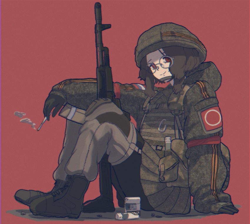 1girl ak-74 arm_support assault_rifle b1-517 black_pantyhose chin_strap cigarette cigarette_pack glasses gun helmet highres holding holding_cigarette kalashnikov_rifle leg_warmers load_bearing_equipment military_combat_uniform military_uniform on_ground original pantyhose pleated_skirt red_background red_eyes ribbon_of_saint_george rifle russian_ground_forces sitting skirt smoke solo sophie_(b1-517) weapon