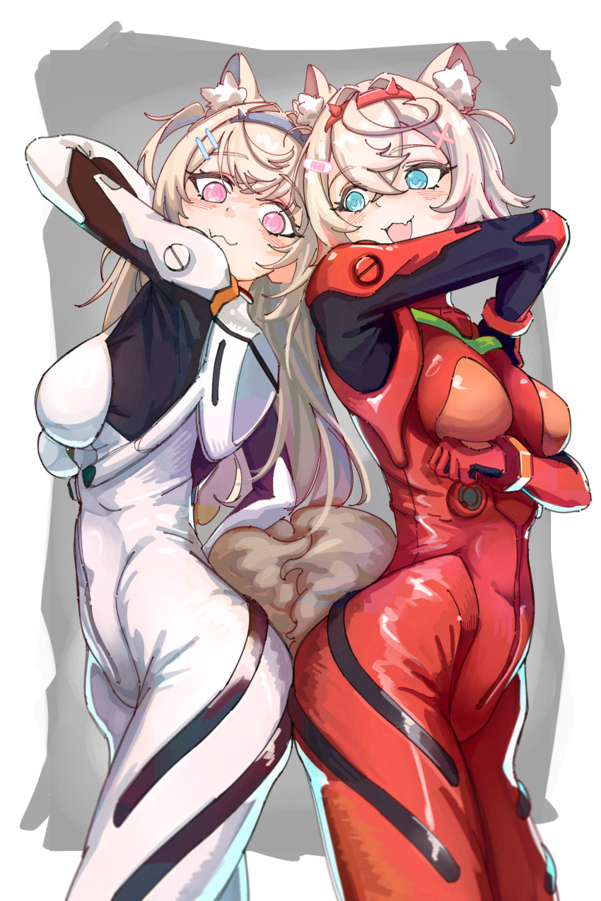 2girls :3 :d absurdres animal_ear_fluff animal_ears arm_under_breasts arm_up ayanami_rei ayanami_rei_(cosplay) back-to-back blonde_hair blue_eyes bodysuit breasts cosplay curvy dog_ears dog_girl dog_tail fake_horns fang fuwawa_abyssgard grey_hairband hair_intakes hairband highres hololive hololive_english hoot_hoot_owl horned_headwear horns long_hair looking_at_another mecha_pilot_suit medium_breasts mococo_abyssgard multicolored_hair multiple_girls neon_genesis_evangelion open_mouth pink_eyes plugsuit_(evangelion) red_bodysuit red_hairband revision short_hair siblings sisters smile souryuu_asuka_langley souryuu_asuka_langley_(cosplay) streaked_hair tail twins virtual_youtuber white_bodysuit wide_hips