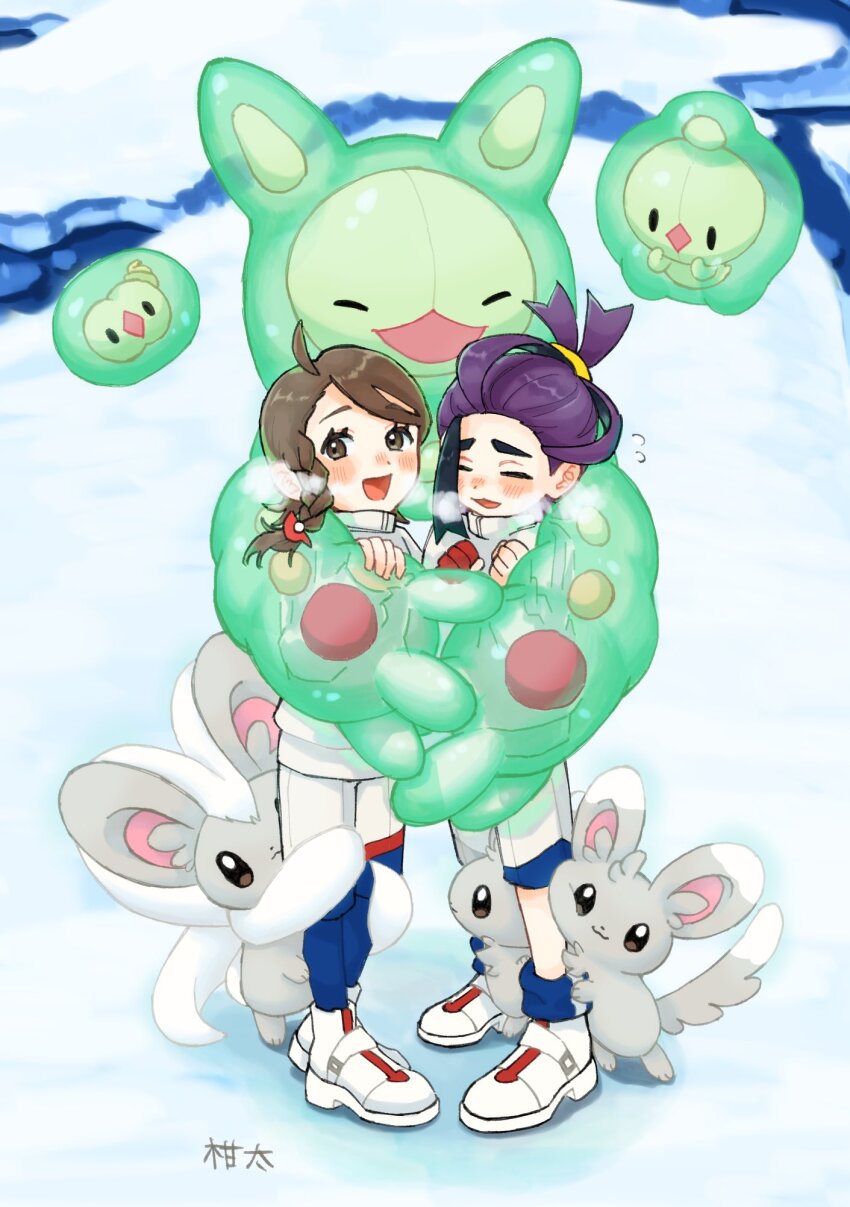 1boy 1girl :3 black_hair blue_socks blush breath brown_eyes brown_hair cinccino closed_eyes commentary_request duosion flying_sweatdrops gen_5_pokemon gloves hair_ornament highres jacket juliana_(pokemon) kanchan_kani kieran_(pokemon) minccino multicolored_hair nintendo open_mouth outdoors partially_fingerless_gloves pokemon pokemon_(creature) pokemon_sv purple_hair red_gloves reuniclus shoes single_glove snow socks solosis standing white_footwear