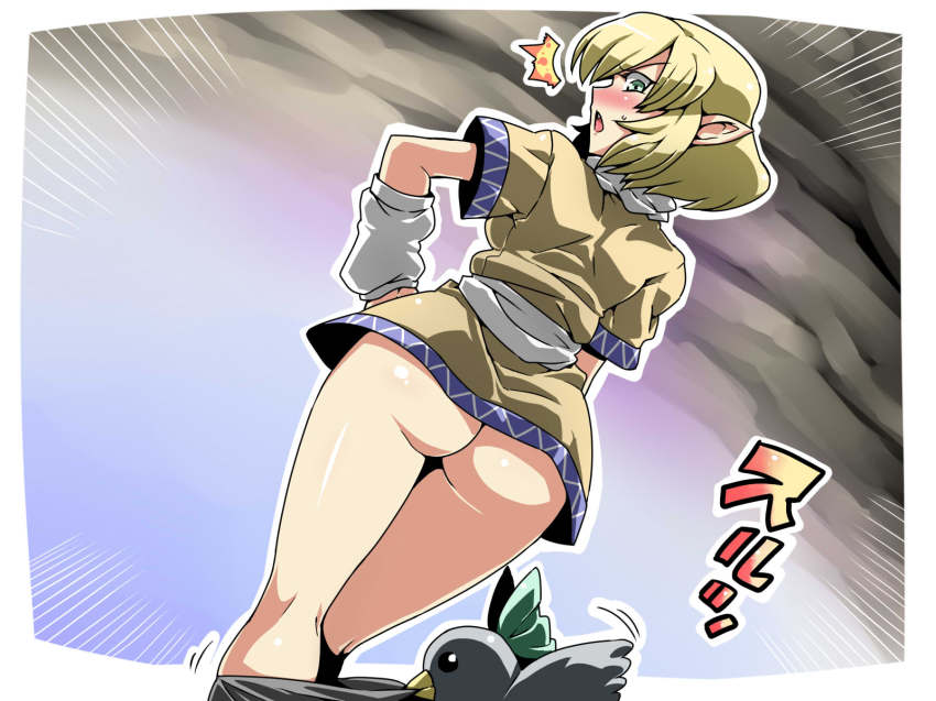 1girl arm_warmers ass assisted_exposure bird blonde_hair blush bottomless fang female_focus hand_on_own_hip highres mizuhashi_parsee open_mouth pantsing pointy_ears reiuji_utsuho reiuji_utsuho_(bird) short_hair solo surprised sweatdrop touhou tukiwani