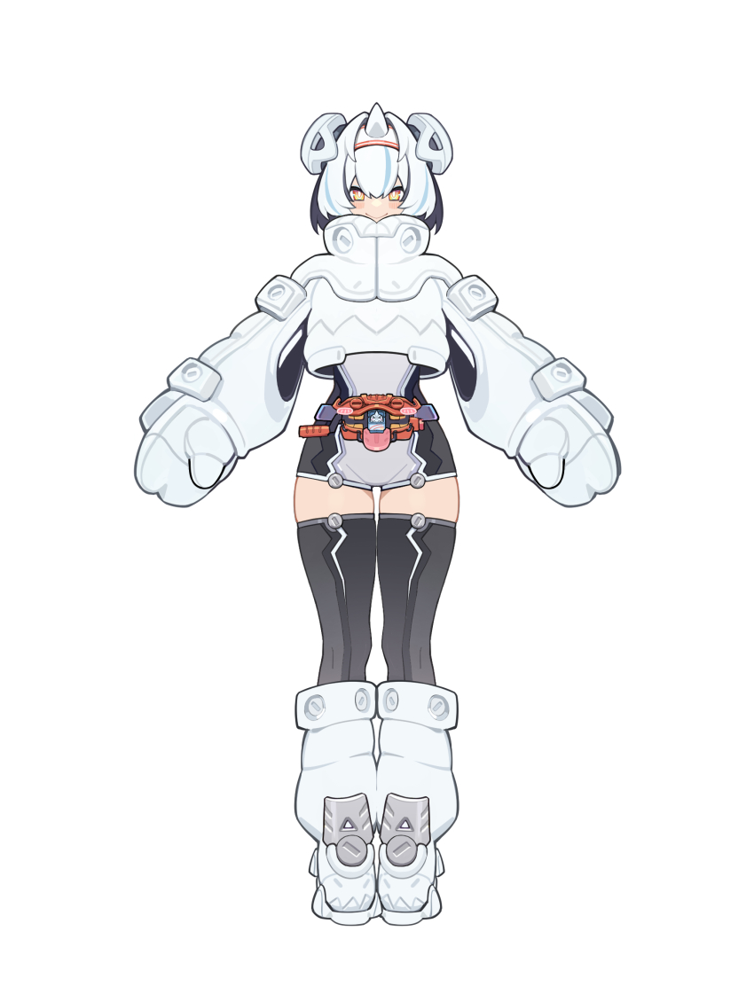 1girl absurdres adk-em bandai bandai_namco black_thighhighs blue_hair rider_belt food full_body fuwamallow_gochizou gloves gochizou goz-zz hair_between_eyes hairband henshin_belt_gavv highres horns ishimori_prod kamen_rider kamen_rider_gavv kamen_rider_gavv_(series) kamen_rider_gavv_fuwamallow_form looking_at_viewer marshmallow multicolored_hair orange_eyes oversized_limbs personification rider-tan rider_belt short_hair simple_background solo standing thighhighs toei_company tokusatsu tv_asahi white_background white_footwear white_hair