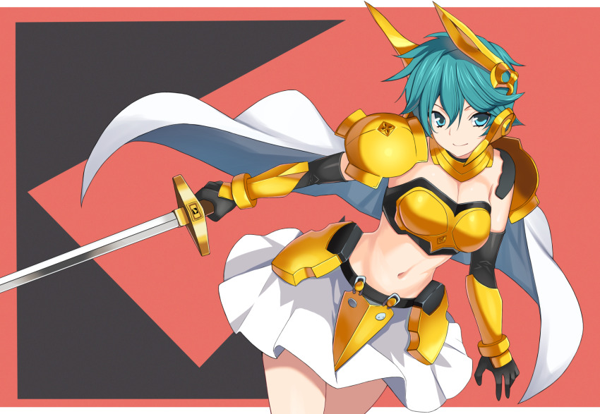 1girl aqua_eyes aqua_hair armor bikini_armor black_gloves breasts cape cleavage closed_mouth commentary_request cowboy_shot gloves gold_armor hair_between_eyes headgear highres looking_at_viewer medium_breasts midriff navel pleated_skirt rance_(series) short_hair shoulder_armor sidelocks skirt smfp2517 smile solo standing sword vambraces weapon white_cape white_skirt yulang_mirage