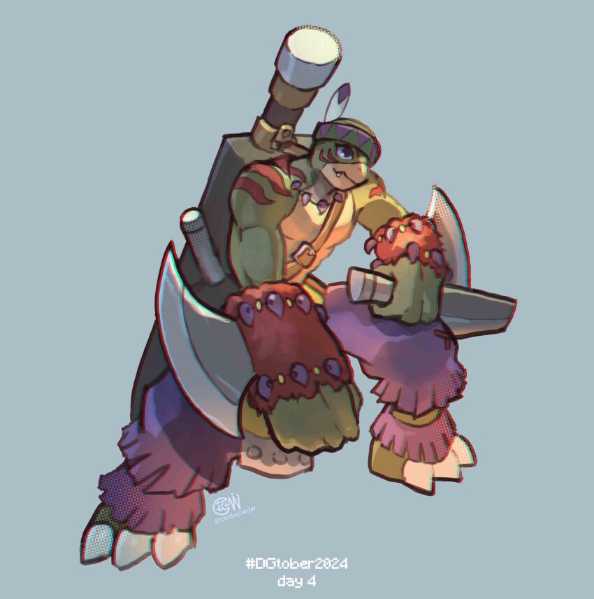 1boy absurdres arm_blade artist_logo colored_skin cwdw digimon digimon_(creature) dinohumon full_body green_skin grey_background highres logo male_focus simple_background solo sword weapon