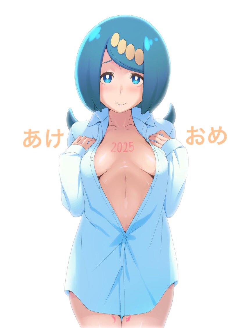 1girl akeome blue_eyes blue_hair blush breasts bright_pupils collarbone ero_kaeru hair_ornament happy_new_year highres lana&#039;s_mother_(pokemon) large_breasts long_hair looking_at_viewer low_ponytail mature_female naked_shirt navel new_year nintendo no_sclera pokemon pokemon_(anime) pokemon_sm_(anime) ponytail shirt smile solo split_ponytail white_pupils