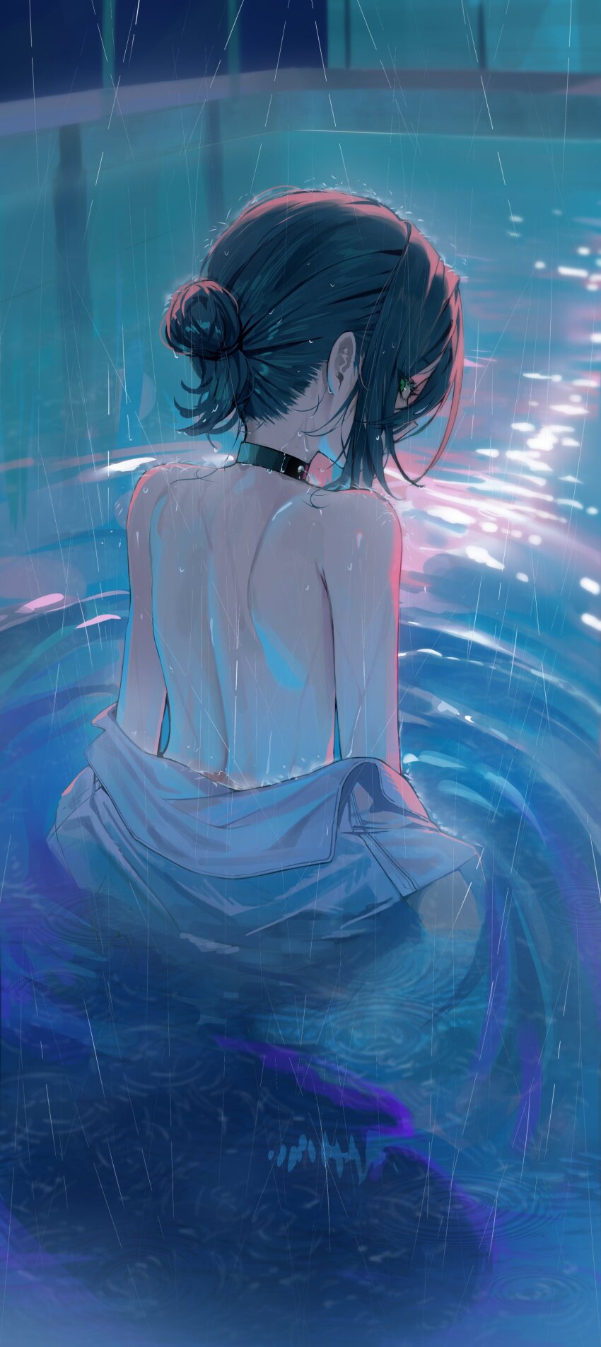 1girl absurdres bare_back bare_shoulders black_choker black_hair chainsaw_man choker from_behind highres kerno looking_at_viewer looking_back open_clothes open_shirt outdoors rain reze_(chainsaw_man) shirt solo water_drop white_shirt