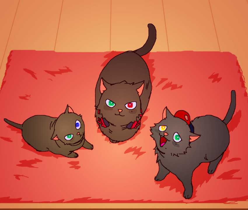 animalization baseball_cap black_fur blue_eyes blush brothers buster_bros!!! cat doormat green_eyes hat headphones headphones_around_neck heterochromia hypnosis_mic iria59 kitten looking_at_viewer looking_up mole mole_under_eye mole_under_mouth multiple_moles no_humans pet red_eyes siblings wooden_floor yamada_ichiro yamada_jiro yamada_saburo yellow_eyes