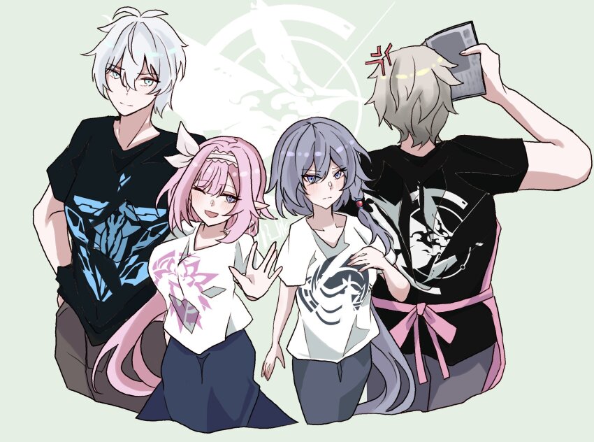 2boys 2girls ;o anger_vein black_shirt blue_eyes blue_skirt breasts brown_pants collarbone elysia_(honkai_impact) fire_moth_logo_(honkai_impact) fu_hua grey_hair grey_pants h3_hk highres holding honkai_(series) honkai_impact_3rd kalpas_(honkai_impact) kevin_kaslana large_breasts multiple_boys multiple_girls one_eye_closed pants pink_hair shirt short_hair signet_of_decimation signet_of_deliverance signet_of_ego signet_of_vicissitude skirt white_hair white_shirt