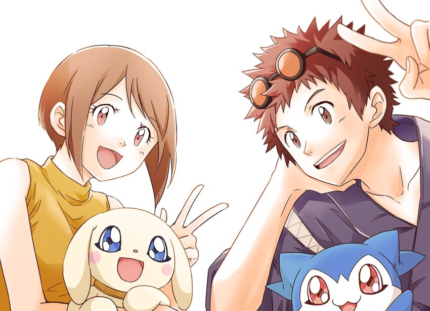 1boy 1girl :d aged_up black-framed_eyewear blue_kimono brown_eyes brown_hair chibimon digimon digimon_adventure_02 eyewear_on_head gdn0522 head_rest japanese_clothes kimono motomiya_daisuke open_mouth orange-tinted_eyewear plotmon red_eyes short_hair sleeveless sleeveless_sweater smile spiked_hair straight_hair sweater tinted_eyewear upper_body v white_background yagami_hikari yellow_sweater