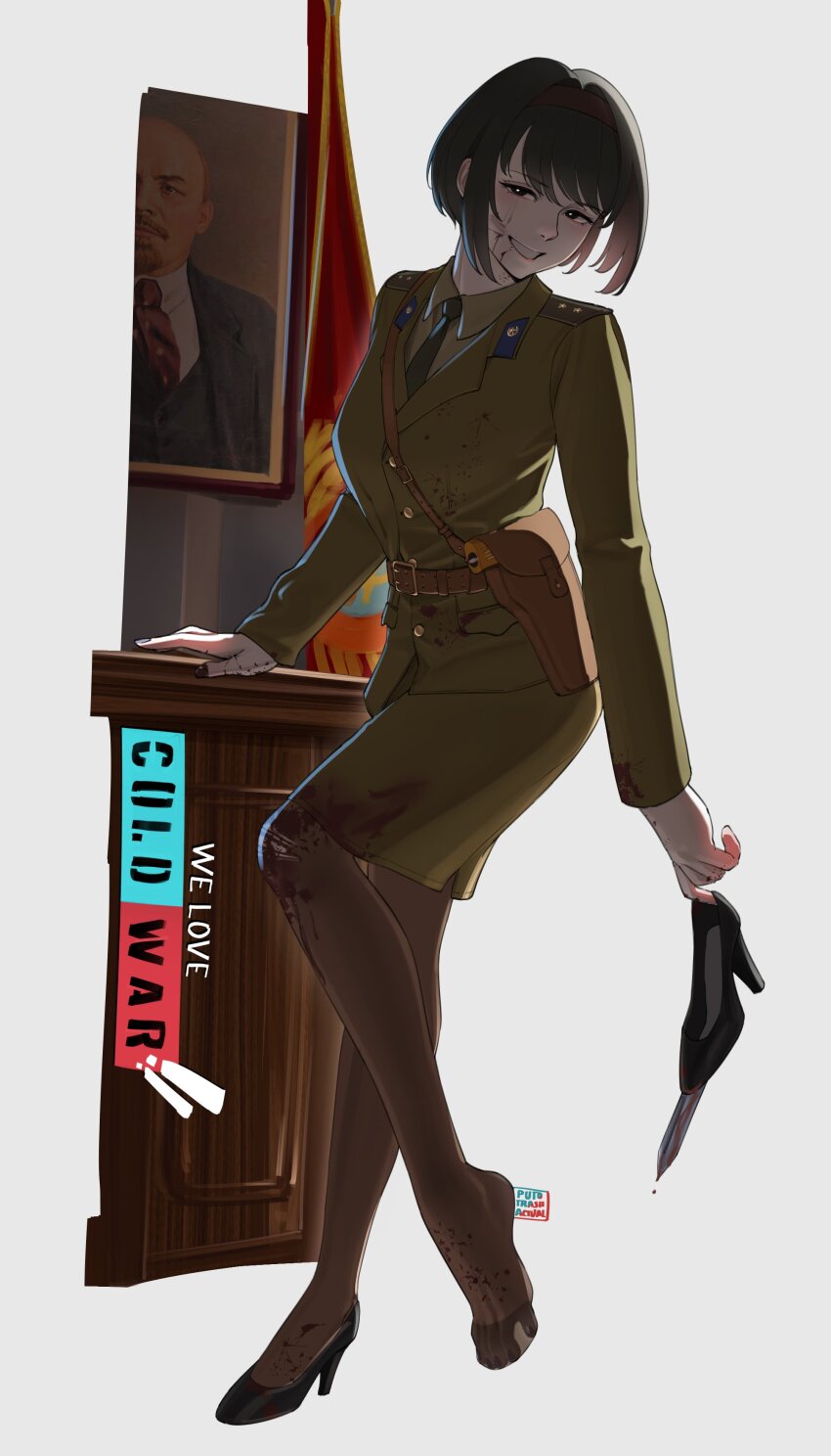 1girl absurdres belt black_hair blood blood_on_clothes blood_on_face bright_pupils desk flag green_jacket green_necktie green_shirt green_skirt gun hairband handgun highres jacket kgb military_dress_uniform military_uniform necktie original pantyhose puto_trash red_hairband shirt skirt smile solo soviet vladimir_lenin weapon white_background white_pupils
