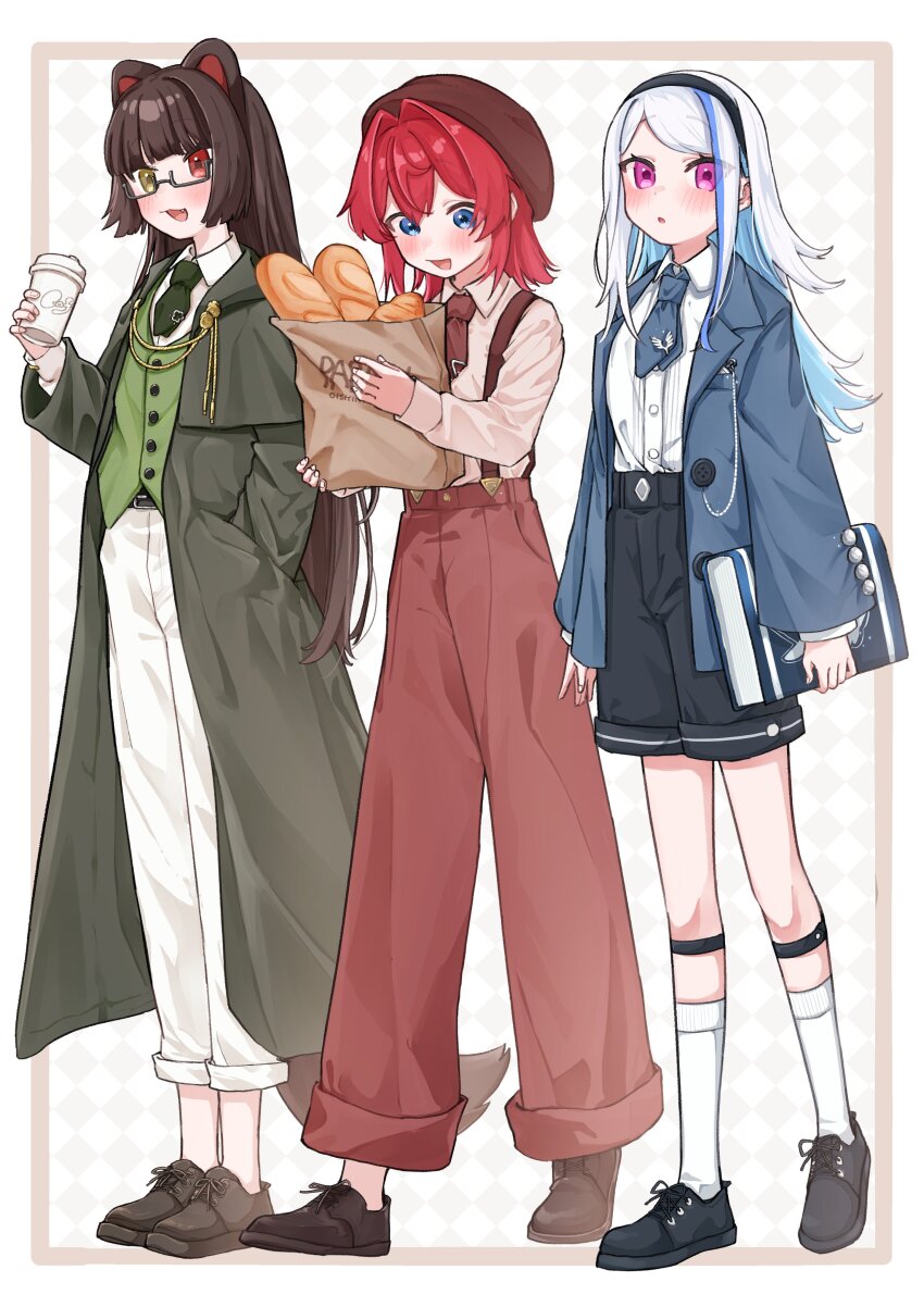3girls 3znk :o absurdres alternate_costume ange_katrina animal_ears bag beret black_shoes black_shorts blue_hair blue_jacket blue_necktie blunt_bangs blunt_sidelocks blush book border bread brown_border brown_hair brown_hat brown_necktie brown_shoes brown_tail checkered_background coat collared_shirt colored_inner_hair commentary_request cup disposable_cup dog_ears dog_tail fang food full_body glasses green_necktie green_vest grey-framed_eyewear grey_background grey_coat grey_hairband hair_intakes hairband hand_in_pocket hat heterochromia highres holding holding_bag holding_book holding_cup holding_food inui_toko jacket lize_helesta long_coat long_hair looking_at_object looking_at_viewer looking_down medium_hair multicolored_hair multiple_girls necktie nijisanji no_socks open_clothes open_jacket open_mouth outside_border pants pants_rolled_up paper_bag pink_shirt pocket_watch purple_eyes red_eyes red_hair red_pants sanbaka_(nijisanji) semi-rimless_eyewear shin_strap shirt shirt_tucked_in shoes short_necktie shorts sidelocks socks standing streaked_hair suspenders swept_bangs tail two-tone_hair under-rim_eyewear very_long_hair vest virtual_youtuber waistcoat watch white_hair white_pants white_shirt white_socks yellow_eyes