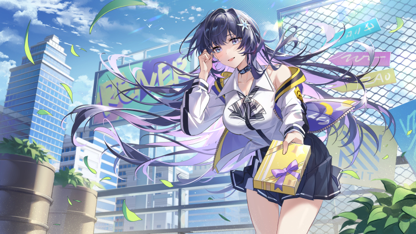 1girl absurdres black_bow black_bowtie black_choker black_skirt blue_sky bow bowtie box breasts choker cleavage collarbone collared_shirt commentary cowboy_shot day english_commentary gift gift_box hand_up highres holding holding_gift jacket kongzao large_breasts leaning_forward looking_at_viewer open_clothes open_jacket open_mouth original pleated_skirt purple_eyes purple_hair purple_jacket shirt skirt sky sleeveless sleeveless_jacket smile solo standing white_shirt wind