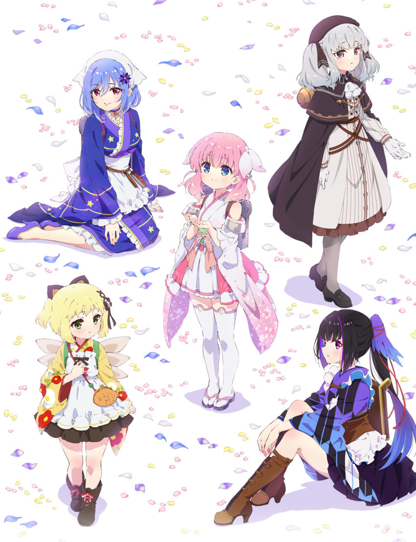 5girls absurdres apron beret black_cape black_footwear black_hair black_headwear blonde_hair blue_eyes blue_hair blue_kimono boots brown_footwear cape commentary_request copyright_name detached_sleeves dress flower frilled_kimono frills from_above full_body gekka_(prima_doll) geta hair_between_eyes hair_flower hair_ornament haizakura_(prima_doll) hat high_heel_boots high_heels highres houkiboshi_(prima_doll) japanese_clothes karasuba_(prima_doll) key_visual kimono loafers long_hair looking_at_viewer maid maid_apron multicolored_hair multiple_girls official_art pink_hair pleated_skirt ponytail prima_doll promotional_art purple_footwear purple_kimono purple_skirt red_eyes retzel_(prima_doll) shoes short_hair sitting skirt streaked_hair thighhighs two_side_up wa_maid white_dress white_hair white_kimono wide_sleeves yellow_kimono