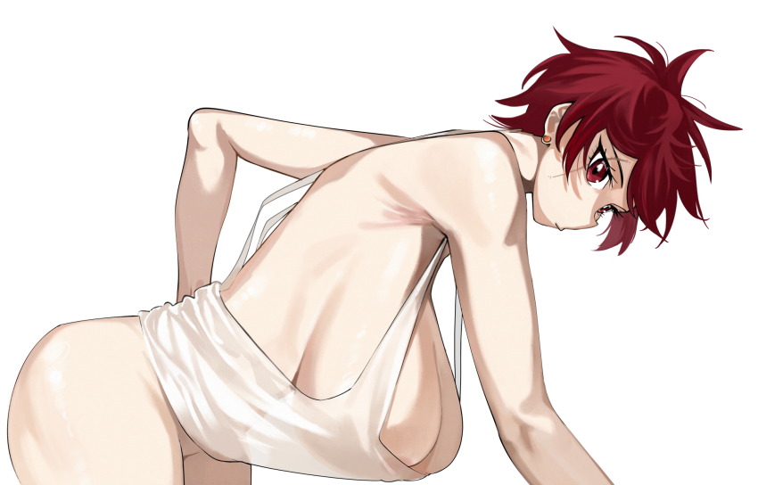 1girl areola_slip armpit_crease bent_over bottomless breasts closed_mouth earrings hanging_breasts highres jewelry kamisato_sora large_breasts looking_at_viewer messy_hair original red_eyes red_hair scar scar_across_eye scar_on_face short_hair sideboob simple_background solo tank_top white_background white_tank_top
