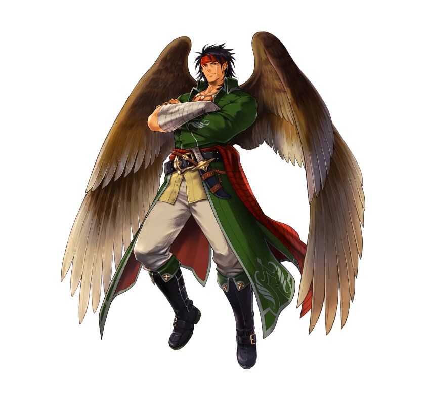 1boy absurdres bandaged_arm bandages belt black_boots black_hair boots commentary_request crossed_arms feather_necklace feathered_wings fire_emblem fire_emblem:_radiant_dawn fire_emblem_heroes full_body headband highres jewelry looking_at_viewer male_focus muscular muscular_male necklace nintendo official_art pectoral_cleavage pectorals pointy_ears simple_background solo suekane_kumiko tibarn_(fire_emblem) white_background wings