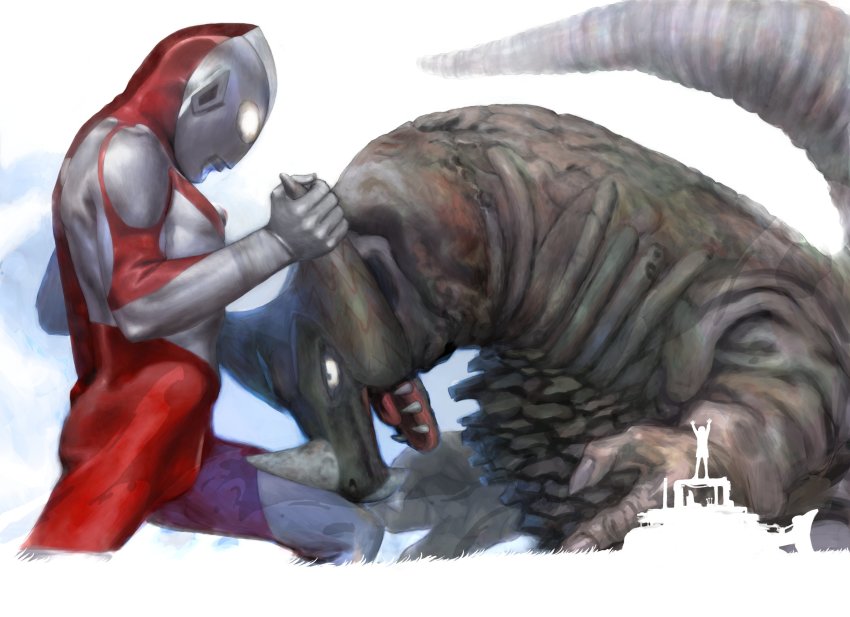bodysuit claws closed_mouth fighting gomora highres horns kaiju mask open_mouth sharp_teeth simple_background single_horn tail teeth tokusatsu ultra_series ultraman ultraman_(1st_series) white_background yasuda_akira