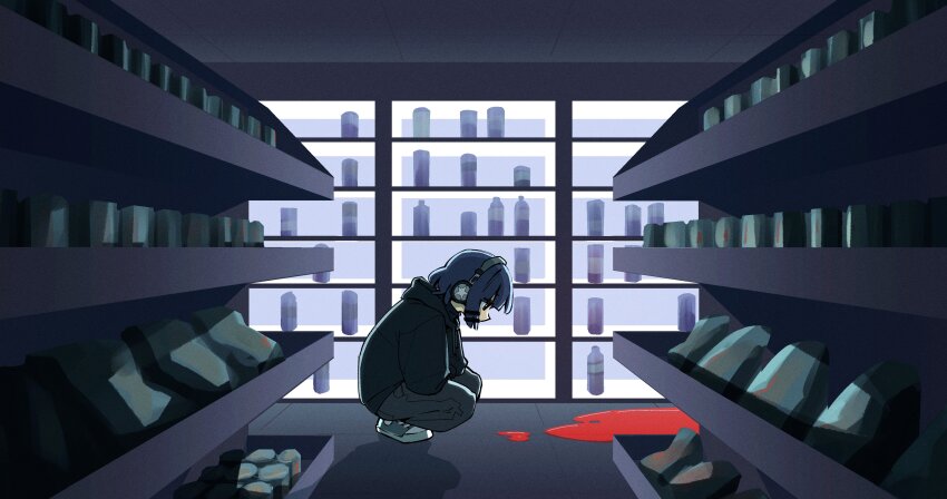 1girl absurdres black_hoodie blood blood_on_ground blood_splatter blue_hair bocchi_the_rock! grey_pants hair_ornament hairclip headphones highres hood hood_down hoodie long_sleeves machuuu68 medium_hair pants squatting yamada_ryo yellow_eyes