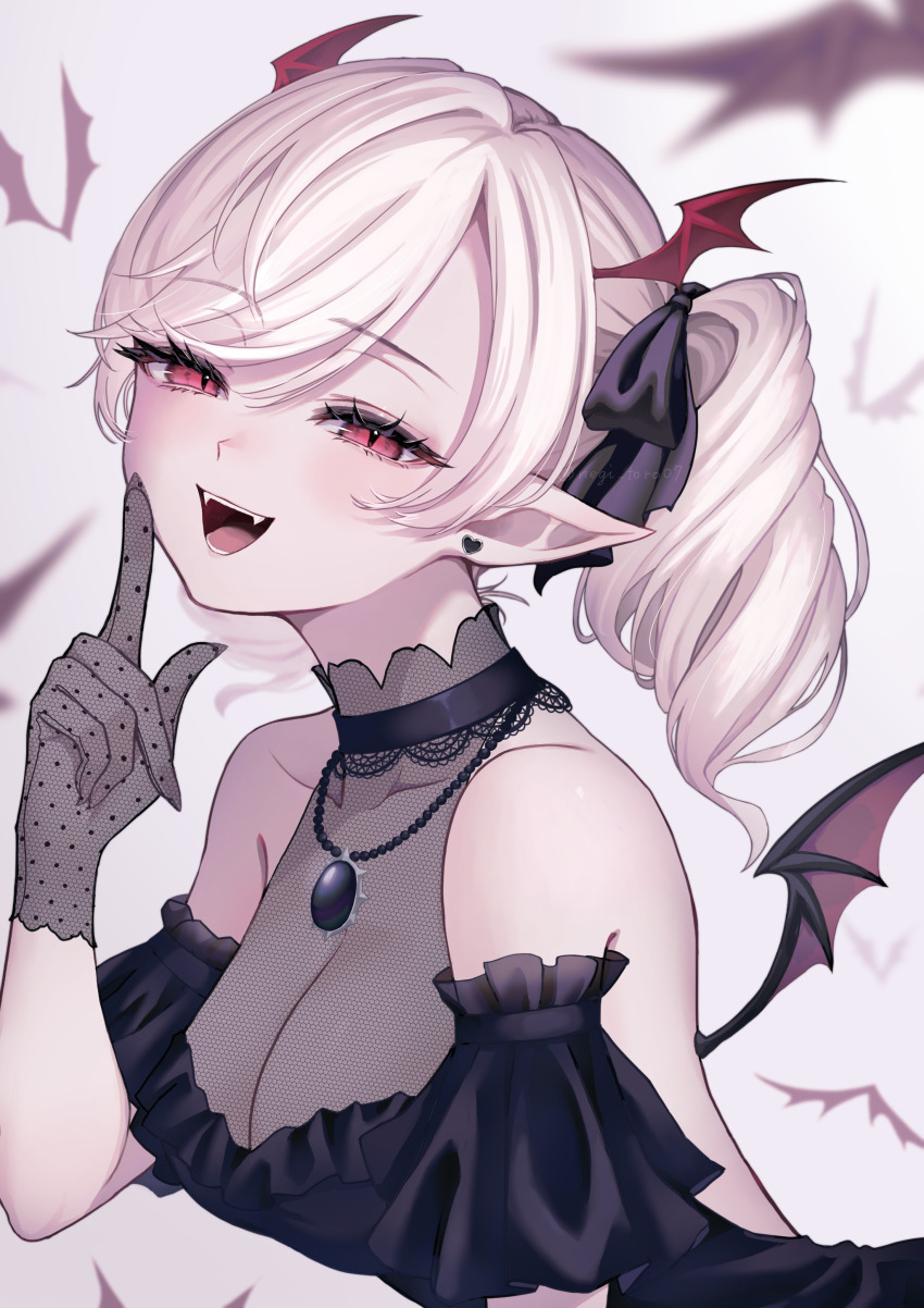 1girl absurdres bare_shoulders bat_wings breasts cleavage fang fishnet_gloves fishnets gloves hair_ornament highres jewelry looking_at_viewer medium_breasts mini_wings nagi-negitoro necklace open_mouth original red_eyes slit_pupils smile solo vampire white_hair wing_hair_ornament wings