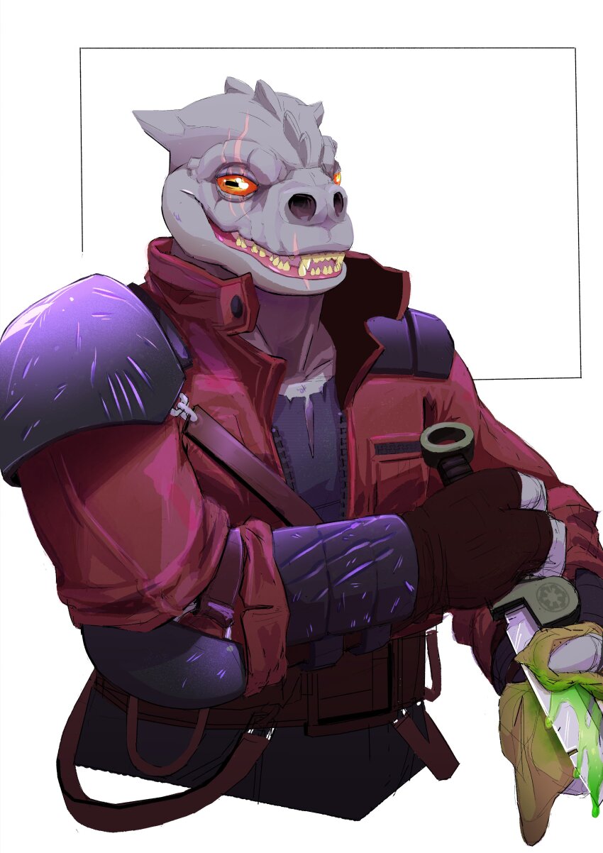1boy absurdres alien black_shirt cleaning cleaning_weapon colored_skin daire301 grey_skin grin highres holding holding_cloth holding_knife horizontal_pupils jacket knife open_clothes open_jacket open_mouth orange_eyes red_jacket scar scar_across_eye scar_on_face sharp_teeth shirt smile solo star_wars teeth trandoshan upper_body weapon