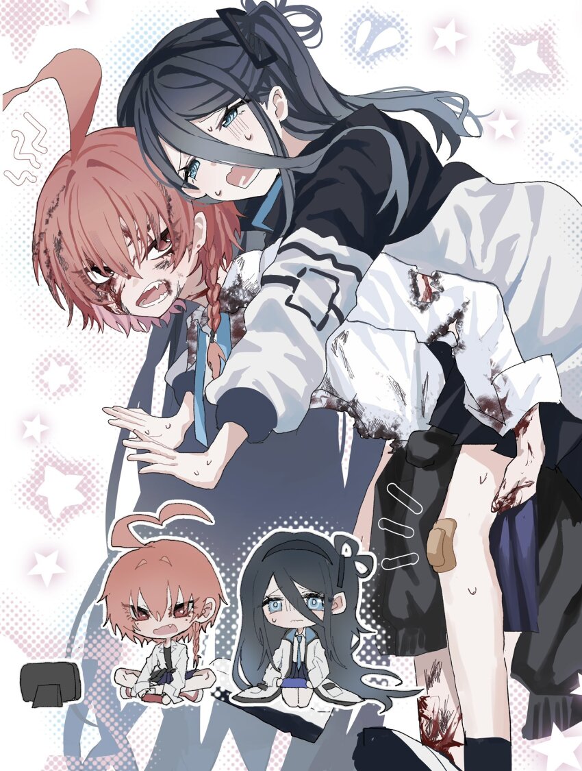 2girls ahoge aris_(blue_archive) bandaid bandaid_on_knee bandaid_on_leg black_hair blood blood_on_face blood_on_hands blood_on_leg blue_archive blue_eyes blue_necktie braid bright_pupils carrying chibi chibi_inset commentary eyelashes fangs feet_out_of_frame flying_sweatdrops half-closed_eyes highres huge_ahoge jacket leaning_forward long_hair looking_at_another looking_at_viewer looking_back multiple_girls necktie neru_(blue_archive) neru_(school_uniform)_(blue_archive) notice_lines official_alternate_costume one_side_up open_clothes open_jacket open_mouth orange_hair piggyback red_eyes school_uniform shirt short_hair simple_background single_braid sitting slit_pupils standing star_(symbol) sweat symbol-only_commentary teeth tsurime very_long_hair white_background white_jacket white_pupils white_shirt yuni_(_nx_xn9)