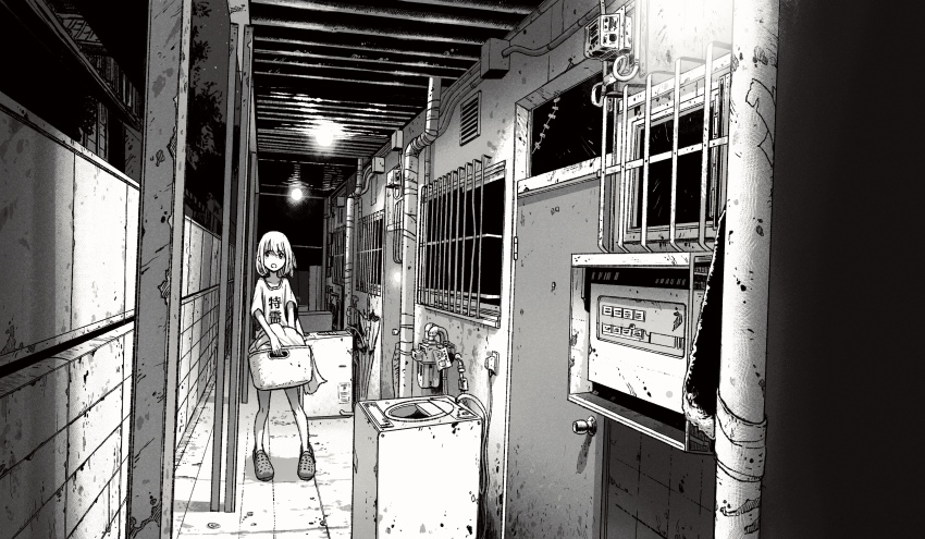 1girl absurdres barred_window bars basket broken_window cable collarbone commentary_request corrugated_galvanized_iron_sheet crocs door greyscale highres holding holding_basket industrial_pipe laundry laundry_basket looking_at_viewer monochrome night omao open_mouth original outdoors pillar scenery shoes short_sleeves solo standing tape top-load_washing_machine translation_request umbrella v-shaped_eyebrows washing_machine wide_shot window