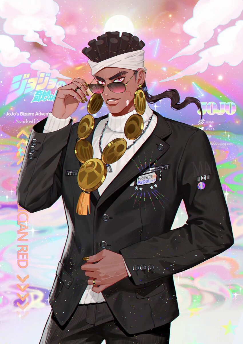 1boy bandaid bandaid_on_cheek bandaid_on_face brown_hair chain chain_necklace character_name commentary constellation copyright_name dark-skinned_male dark_skin ear_piercing earrings english_commentary face_piercing gold_earrings gold_nails gold_piercing highres jewelry jojo_no_kimyou_na_bouken long_hair male_focus mohammed_avdol multiple_piercings multiple_rings necklace parted_lips piercing ponytail ring solo stardust_crusaders sunglasses sweater tinted_eyewear turtleneck turtleneck_sweater veela