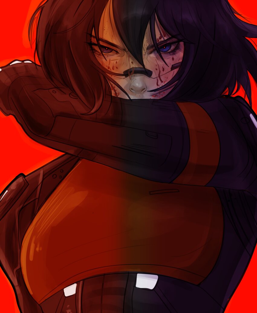1girl absurdres android black_hair blood blue_eyes cyberpunk elster_(signalis) highres joints maranisart metal_skin robot_girl robot_joints science_fiction short_hair signalis solo