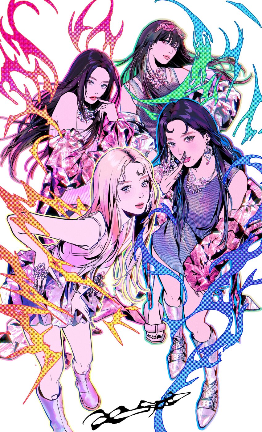 4girls absurdres aespa black_hair blonde_hair boots commentary_request detached_sleeves dress earrings from_above full_body giselle_(aespa) heart heart-shaped_pupils highres jewelry k-pop karina_(aespa) long_hair looking_at_viewer makeup mascara multiple_girls ningning_(aespa) pink_lips real_life skirt sleeveless sleeveless_dress star-shaped_pupils star_(symbol) symbol-shaped_pupils winter_(aespa) woga_(ogkntk)