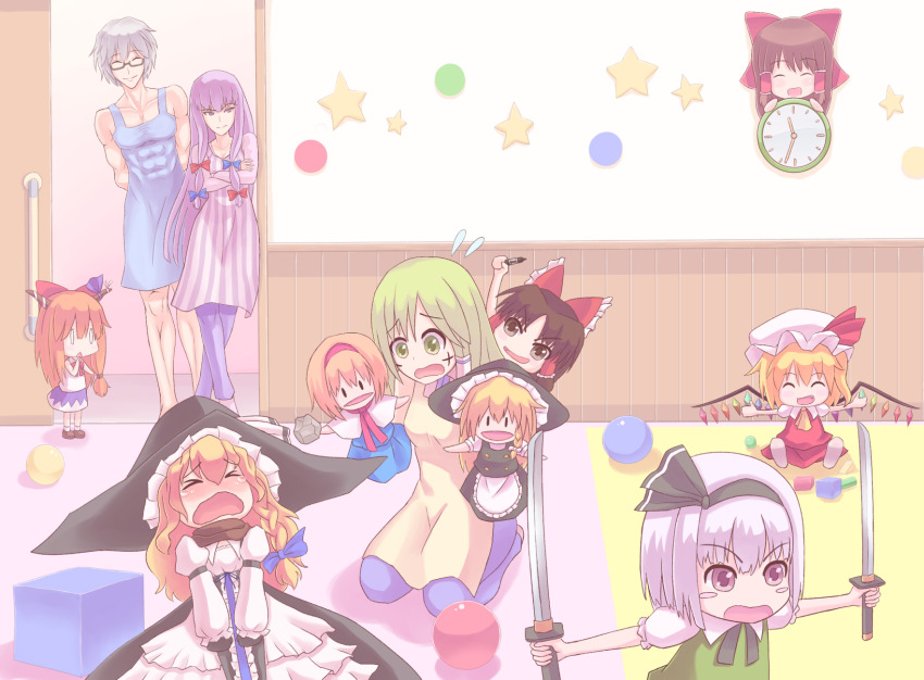 &gt;_&lt; 1boy 6+girls aged_down alice_margatroid apron ball benikurage_(cookie) black-framed_eyewear black_bow black_hairband black_headwear black_skirt blonde_hair blouse blue_apron blue_bow blue_pants blue_skirt bow braid breasts brown_eyes brown_footwear brown_hair brown_scarf clock closed_mouth commentary cookie_(touhou) cross crying crystal cube dress dual_wielding eska_(cookie) facepaint fang flandre_scarlet flying_sweatdrops frilled_hair_tubes frills full_body green_eyes green_hair green_vest grey_hair hair_between_eyes hair_tubes hairband hakurei_reimu hand_puppet hat highres hinase_(cookie) holding holding_rock horn_bow horn_ornament horns ibuki_suika indoors katana kindergarten kirisame_marisa kneeling kochiya_sanae konpaku_youmu long_hair long_sleeves marker mars_(cookie) medium_breasts mob_cap morichika_rinnosuke multi-tied_hair multiple_girls open_mouth orange_hair pants parted_bangs paseri_(cookie) patchouli_knowledge puhaa puppet purple_dress purple_eyes purple_hair red_bow red_shirt red_skirt reu_(cookie) rock scarf semi-rimless_eyewear shirt shoes short_hair short_sleeves side_braid single_braid sitting skirt sleeveless sleeveless_shirt small_breasts smile socks sponge_(cookie) standing star_(symbol) striped_clothes striped_dress sword taisa_(cookie) touhou under-rim_eyewear uzuki_(cookie) vertical-striped_clothes vertical-striped_dress vest weapon white_legwear white_shirt wings witch_hat yamin_(cookie) yellow_apron yuno_(cookie)