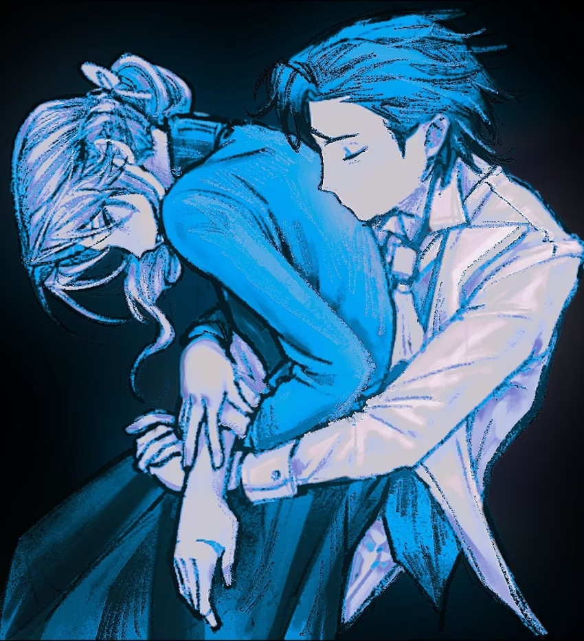 1boy 1girl alice_deross ascot beijingban18388 black_background blue_theme chinese_commentary closed_eyes commentary_request highres hug hug_from_behind identity_v lapels large_variant_set long_hair long_sleeves monochrome notched_lapels orpheus_(identity_v) shirt short_hair skirt sweater turtleneck turtleneck_sweater variant_set