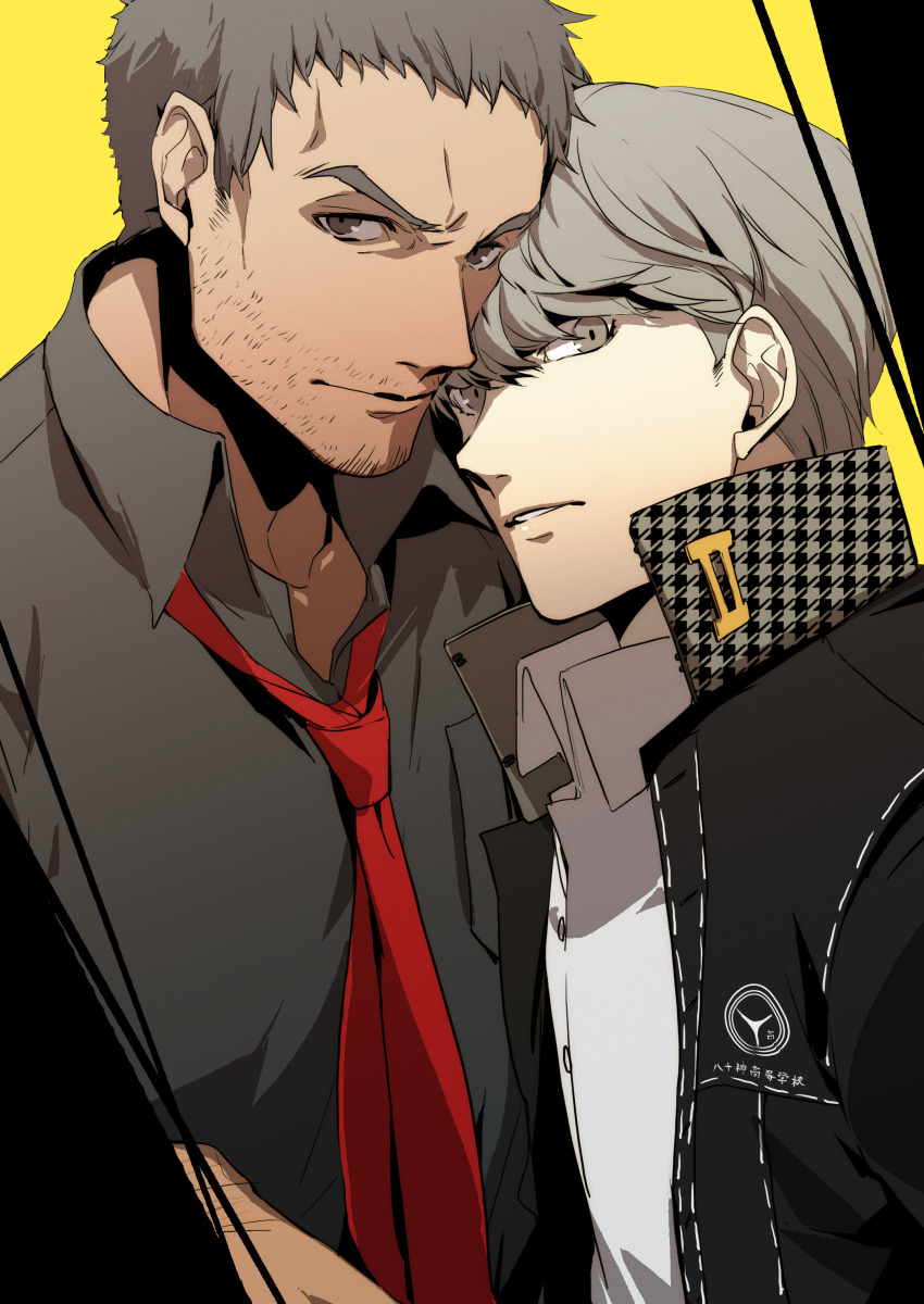 2boys absurdres beard_stubble black_jacket brown_eyes collared_shirt commentary_request doujima_ryoutarou facial_hair grey_eyes grey_hair grey_shirt high_collar highres jacket male_focus mature_male multiple_boys mustache_stubble narukami_yu necktie no-kan open_clothes open_jacket persona persona_4 red_necktie school_uniform shirt short_hair stubble upper_body white_shirt yaoi yasogami_school_uniform