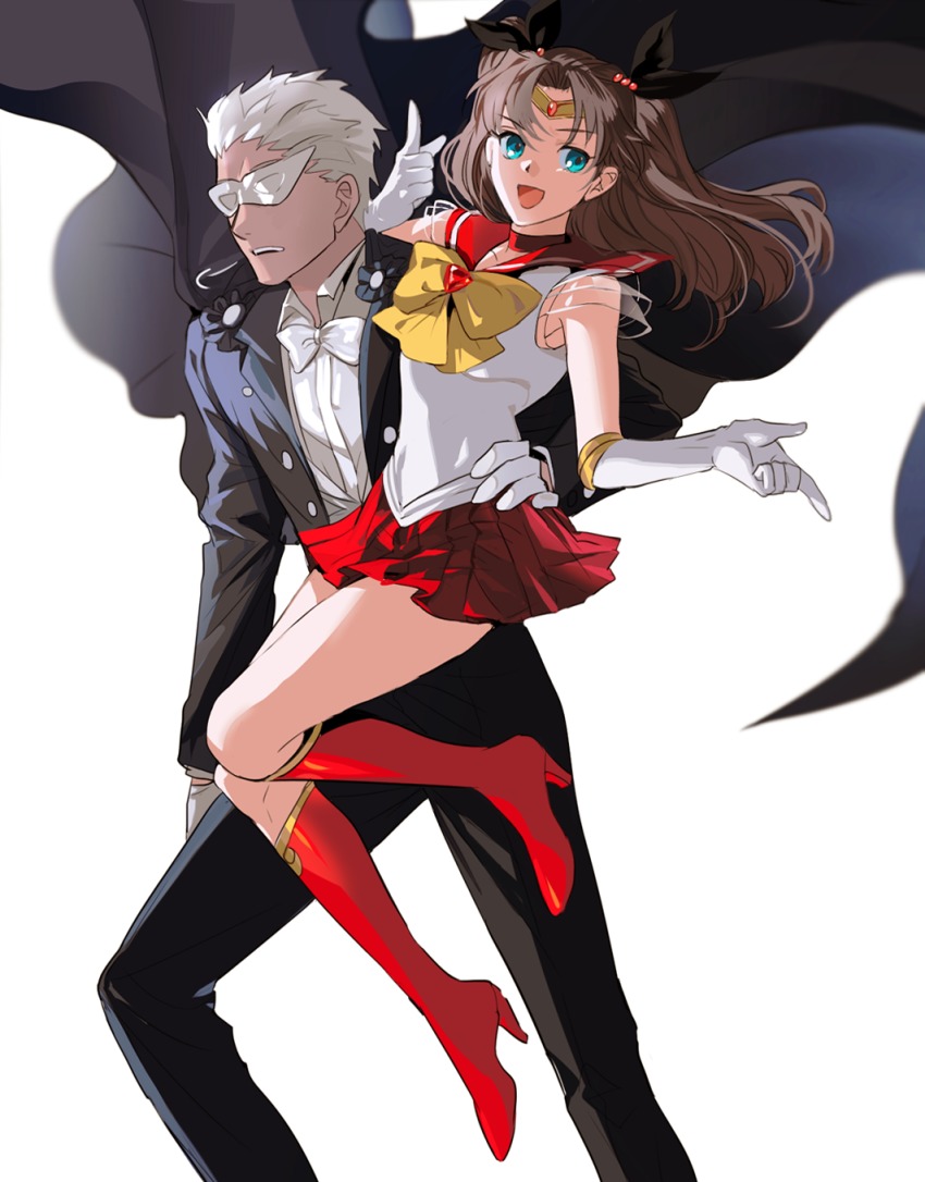 1boy 1girl 9sui :d archer_(fate) bishoujo_senshi_sailor_moon black_ribbon blue_eyes boots bow bowtie brown_hair cape choker circlet cosplay dark-skinned_male dark_skin fate/stay_night fate_(series) gloves hair_ribbon highres knee_boots magical_girl mask open_mouth red_footwear ribbon sailor_mars sailor_mars_(cosplay) sailor_senshi sailor_senshi_(cosplay) short_hair simple_background skirt smile tiara tohsaka_rin tuxedo_kamen tuxedo_kamen_(cosplay) twintails two_side_up unofficial_sailor_senshi_uniform white_background white_gloves white_hair