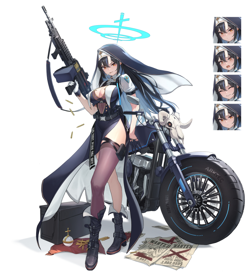1girl :/ @_@ ammunition ammunition_belt ammunition_box animal_skull arm_belt artistic_error belt black_belt black_boots black_hair black_thighhighs blue_dress blue_hair blue_halo boots breast_curtains breasts bright_pupils buckle casing_ejection chest_harness cigarette closed_eyes closed_mouth coif colored_inner_hair commentary cross crossed_legs dress gloves grin guegue gun hair_between_eyes half_gloves halo harness highres holding holding_gun holding_weapon large_breasts long_hair looking_at_viewer machine_gun motor_vehicle motorcycle mouth_hold multicolored_hair multiple_expressions multiple_views nun open_mouth orange_eyes original pouch puffy_short_sleeves puffy_sleeves rail_(weapon) rifle_cartridge shell_casing short_sleeves side_slit single_thighhigh smile smoking snap-fit_buckle standing streaked_hair thigh_pouch thigh_strap thighhighs two-tone_hair very_long_hair wanted_poster weapon weapon_request white_gloves white_pupils