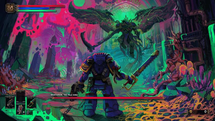 adeptus_astartes antlers armor bell blue_armor boss_fight breastplate bug cauldron chain chainsword chaos_(warhammer) cloak color_contrast commentary couter crotch_plate cuirass damaged dark_souls_(series) death_guard demon demon_primarch demon_wings english_commentary extra_eyes fake_screenshot fly from_behind from_side gauntlets greaves green_armor green_eyes health_bar heavy_bolter highres holding holding_chainsword holding_scythe holding_weapon hood hooded_cloak horns insect landscape leg_armor male_focus marton_kapoli mask monster mortarion neon_palette nurgle outdoors pauldrons pelvic_curtain poleyn power_armor primarch rebreather rerebrace respirator scythe shoulder_armor silence_(weapon) skull sky slime_(substance) solid_circle_eyes spikes straight-on swarm torn_wings ultramarines warhammer_40k weapon wings