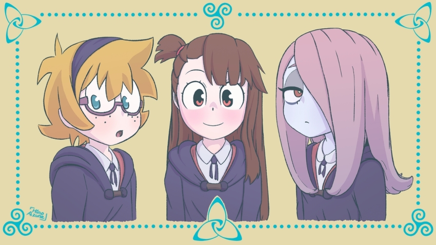 3girls aqua_eyes brown_eyes brown_hair freckles glasses hair_over_one_eye headband kagari_atsuko little_witch_academia lotte_(company) lotte_jansson multiple_girls orange_hair pink_hair red_eyes ribbon sucy_manbavaran tagme