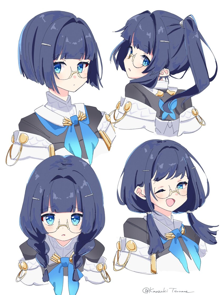 1girl ;d blue_eyes blue_hair blue_pupils blunt_bangs blush braid character_request commentary_request copyright_request cropped_shoulders eyelashes glasses hair_intakes hair_ornament hairclip highres kanzuki_tsunane looking_back medium_hair multiple_views one_eye_closed open_mouth ponytail short_hair simple_background smile twin_braids twintails twitter_username white_background