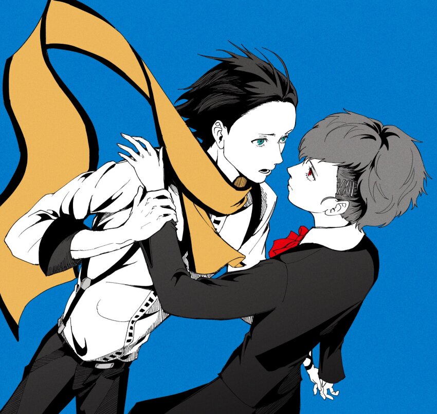 1boy 1girl belt belt_buckle black_belt black_dress black_hair black_pants black_trim blue_background blue_eyes buckle closed_mouth collared_shirt dress eye_contact feet_out_of_frame film_grain floating_scarf gekkoukan_high_school_uniform hair_slicked_back highres holding_another&#039;s_wrist long_sleeves looking_at_another lower_teeth_only mochizuki_ryouji neckerchief open_mouth otoko_haza pants persona persona_3 red_eyes red_neckerchief scarf school_uniform shiomi_kotone shirt shirt_tucked_in short_hair short_sideburns simple_background sleeve_cuffs standing suspenders teeth white_shirt yellow_scarf