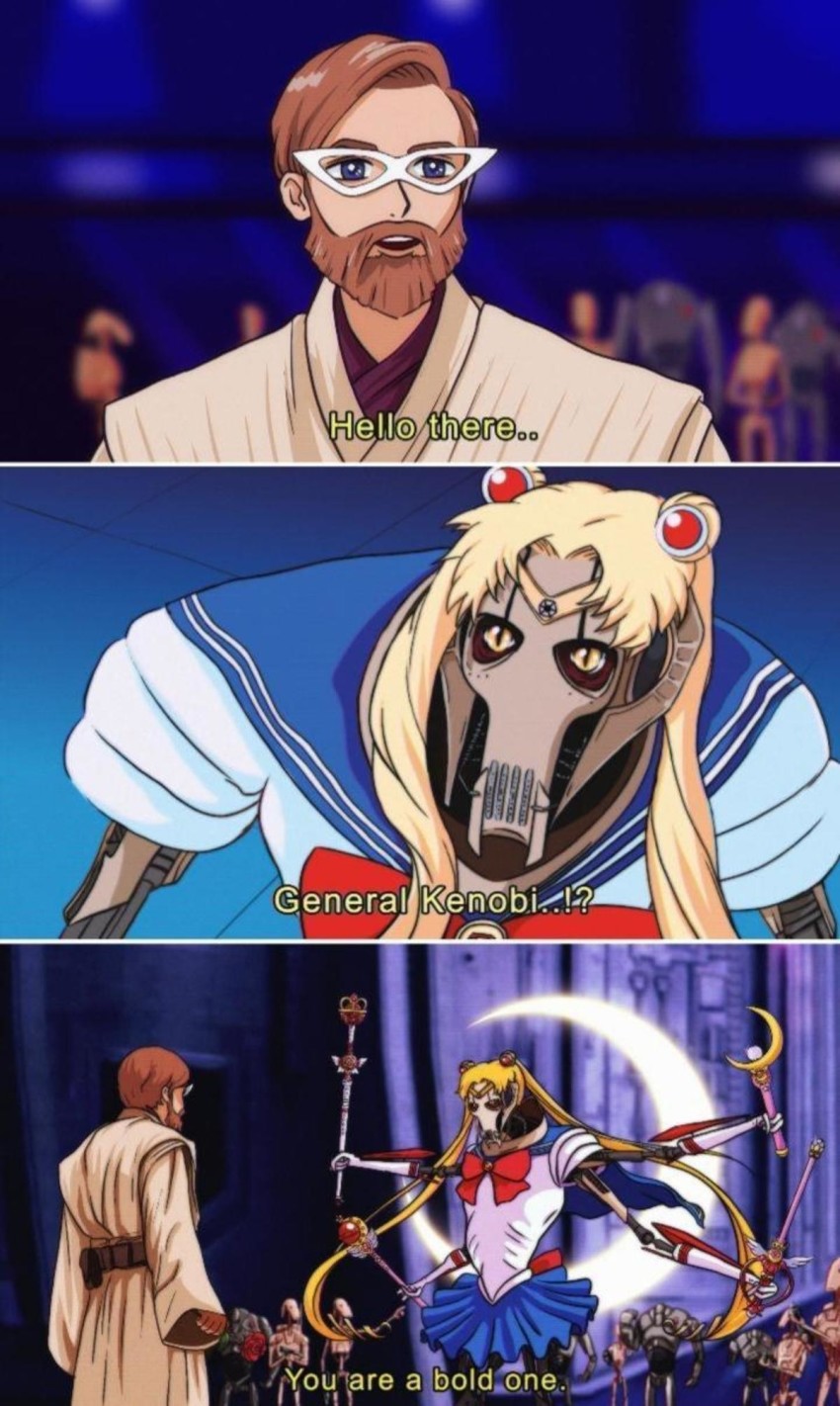 1boy b1_battle_droid bishoujo_senshi_sailor_moon blonde_hair blue_sailor_collar blue_skirt bow cosplay cyborg flower general_grievous highres meme moon obi-wan_kenobi parody penguinyfluff red_bow rose sailor_collar sailor_moon sailor_moon_(cosplay) sailor_moon_redraw_challenge_(meme) skirt star_wars star_wars:_revenge_of_the_sith third-party_source
