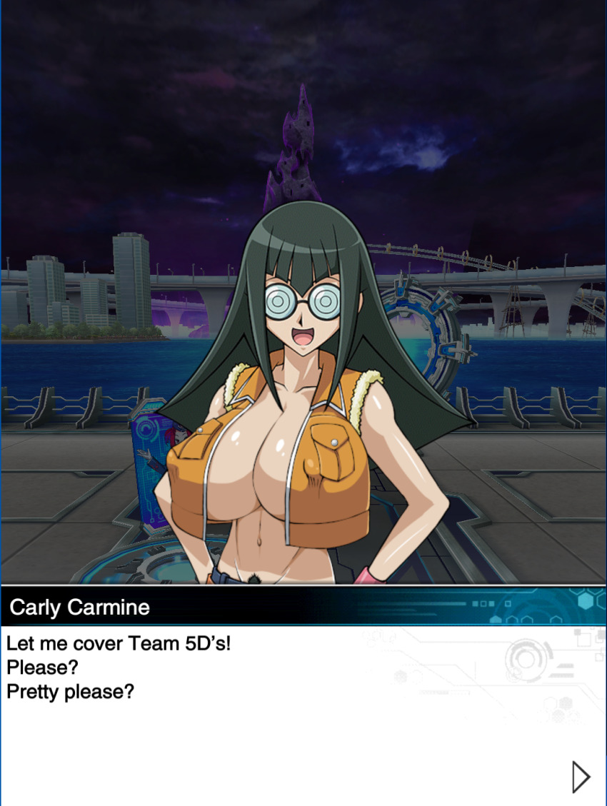 1girl blue_eyes blush breasts card carly_nagisa female_pubic_hair game_mod glasses green_hair hand_on_own_hip highres huge_breasts long_hair mod navel open_mouth pubic_hair pubic_hair_peek rochestedorm solo third-party_edit yu-gi-oh! yu-gi-oh!_5d&#039;s yu-gi-oh!_duel_links