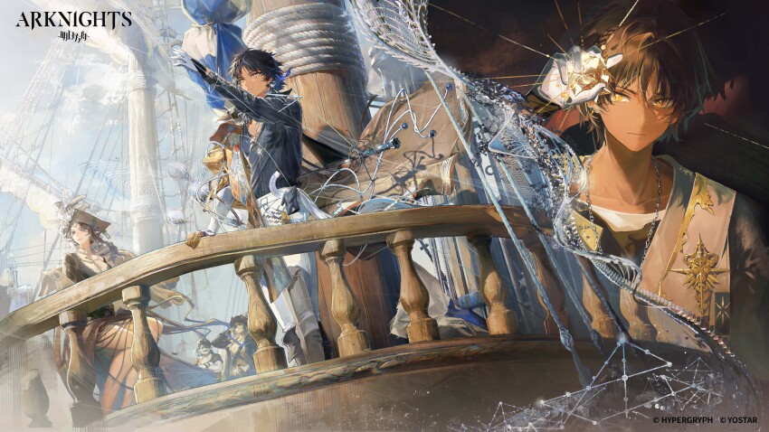 2boys 2girls absurdres arknights black_hair black_shirt brown_dress character_request copyright_name copyright_notice dark-skinned_male dark_skin dress full_body gloves gtcpst hat highres incredibly_absurdres juana_(arknights) long_hair multiple_boys multiple_girls official_art pants ship shirt tagme thorns_(arknights) thorns_the_lodestar_(arknights) tricorne watercraft white_gloves white_pants yellow_eyes