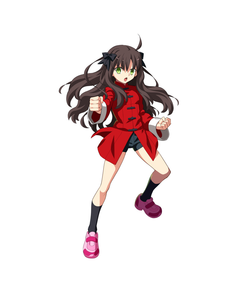 1girl ahoge anime_coloring arima_miyako bajiquan_(martial_arts) black_bow black_shorts black_socks blood bow breasts brown_hair buttons chinese_clothes clenched_hands collar collared_jacket fighting_stance full_body game_cg green_eyes green_pupils hair_bow highres jacket kanemoto_hisako legs_apart long_hair long_sidelocks long_sleeves looking_at_viewer melty_blood melty_blood:_type_lumina mizuumi_(site) non-web_source official_art open_mouth peace_fukuoka&#039;s_voice pink_shoes red_collar red_jacket red_sleeves serious shoes short_shorts shorts side_slit sidelocks simple_background sleeve_cuffs sleeves_past_wrists small_breasts sneakers socks solo standing tachi-e takeuchi_takashi tangzhuang transparent_background tsukihime tsukihime_(remake) type-moon voice_actor_connection wavy_hair white_sleeve_cuffs wide_sleeves