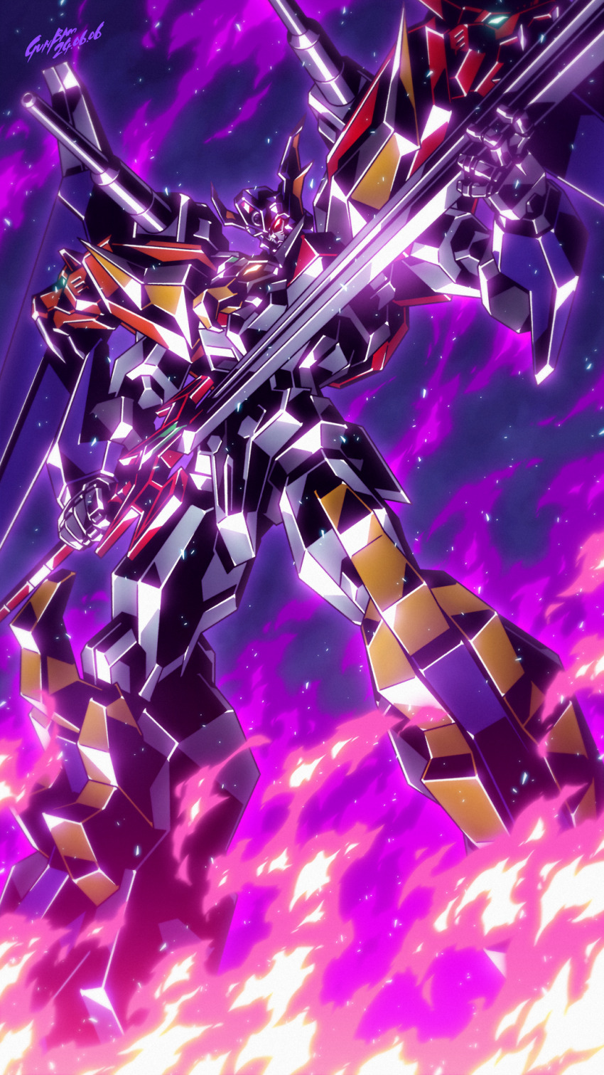 armor babamba burning draias_(taiyou_no_yuusha_fighbird) energy_cannon fire full_armor gattai glowing glowing_eyes gouri_daisuke highres holding holding_sword holding_weapon mecha no no_humans purple_fire robot shoulder_cannon sunrise_(company) super_robot sword taiyou_no_yuusha_fighbird v-fin weapon yuusha_series