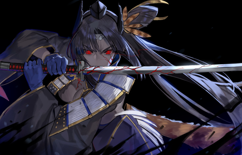 1girl armor bad_id bad_pixiv_id black_background black_hair black_skin breasts chyoel circlet cleavage colored_skin corruption dark-skinned_female dark_persona dark_skin detached_sleeves fate/grand_order fate_(series) female_focus hat highres holding holding_sword holding_weapon japanese_armor katana kusazuri long_hair looking_at_viewer pom_pom_(clothes) red_eyes revealing_clothes side_ponytail simple_background solo sword ushiwakamaru_(corrupted)_(fate) ushiwakamaru_(fate) very_long_hair weapon