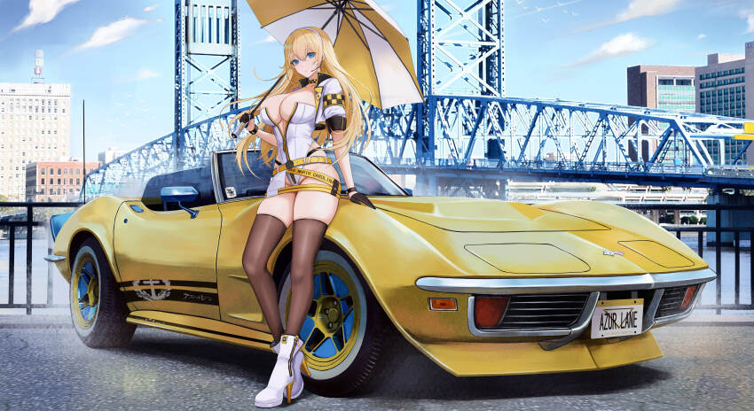 1girl absurdres alternate_costume armband azur_lane belt bird black_gloves blonde_hair blue_eyes blue_sky boots breasts bridge building car checkered_armband checkered_choker checkered_clothes chevrolet_corvette chevrolet_corvette_c3 city clothes_writing cloud collarbone commentary_request commission country_connection cropped_jacket day eagle_union_(emblem) flock florida_(location) full_body gloves hairband half_gloves headset high_heel_boots high_heels highres jacksonville john_t._alsop_jr._bridge kcar66t large_breasts leotard license_plate logo long_hair motor_vehicle multicolored_umbrella no_bra north_carolina_(azur_lane) on_car outdoors parted_lips partially_unzipped product_placement race_queen railing real_world_location river scenery short_sleeves skindentation sky solo sports_car standing thigh_strap thighhighs thighs umbrella united_states water white_boots white_hairband white_leotard white_umbrella yellow_belt yellow_car yellow_umbrella zipper zipper_pull_tab