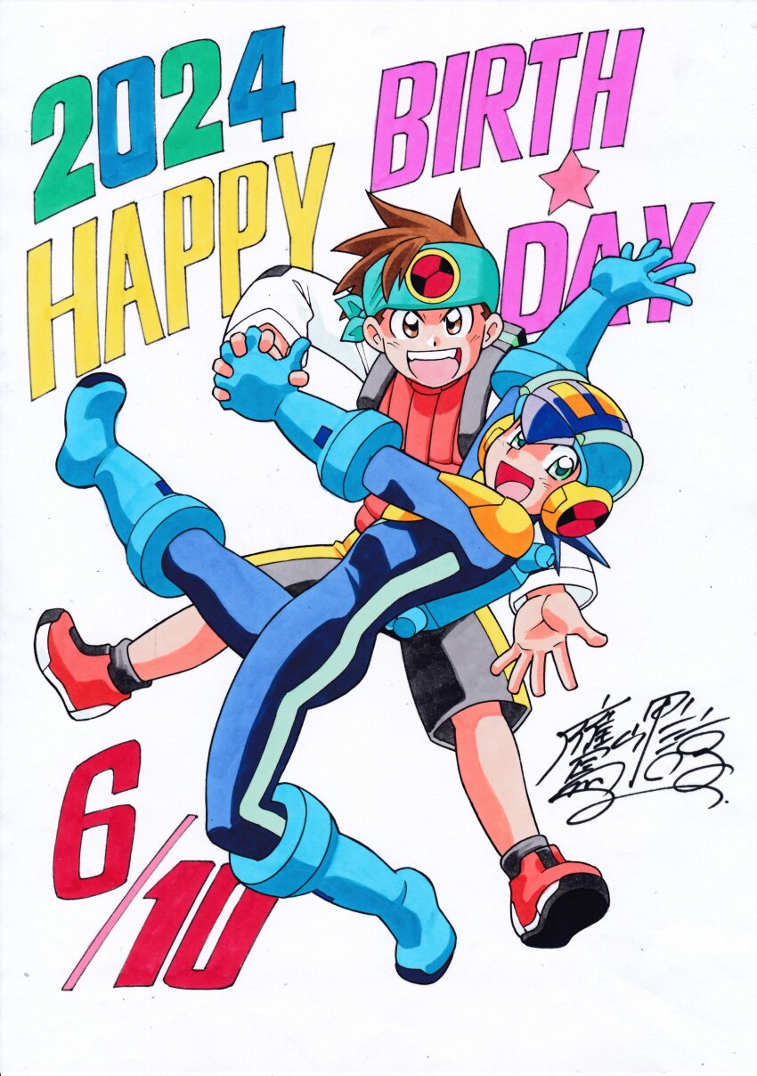 2boys absurdres arm_up black_shorts blue_bodysuit blue_helmet bodysuit brothers brown_eyes brown_hair commentary_request dated english_text full_body green_eyes happy_birthday helmet highres lan_hikari_(mega_man) male_focus mega_man_(series) mega_man_battle_network_(series) megaman.exe multiple_boys orange_vest shirt shorts siblings signature simple_background takamisaki_ryou twins vest white_background white_shirt