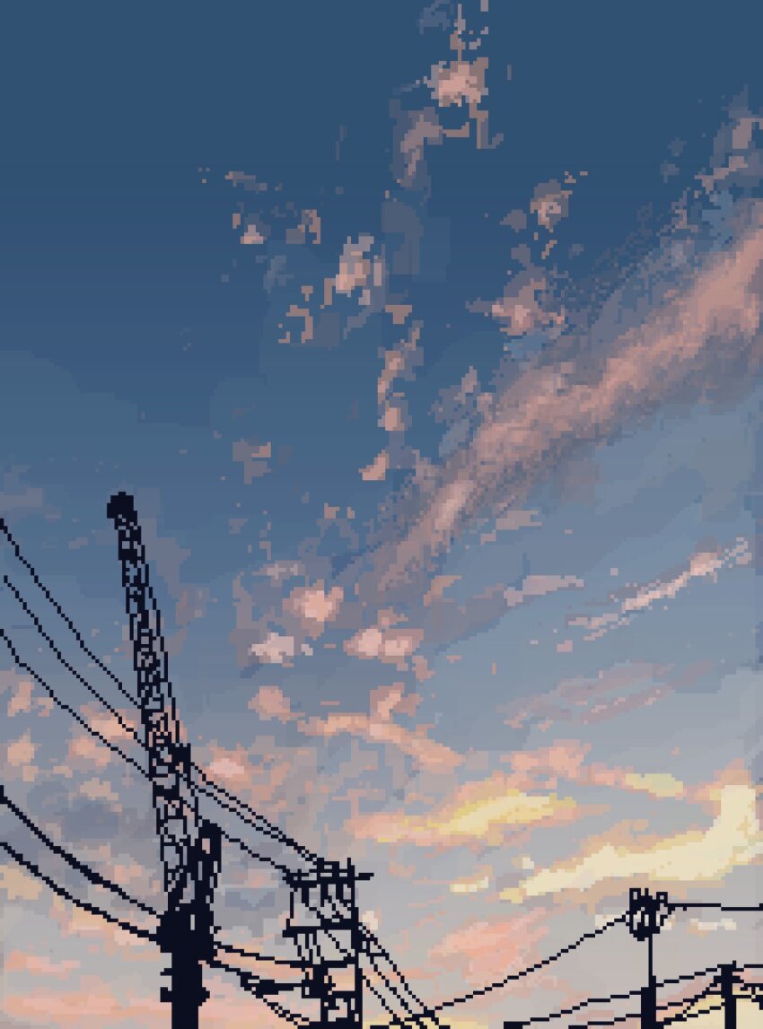 blue_sky from_below gradient_background highres hisachan55cute no_humans original pink_clouds pixel_art power_lines scenery silhouette sky sunrise