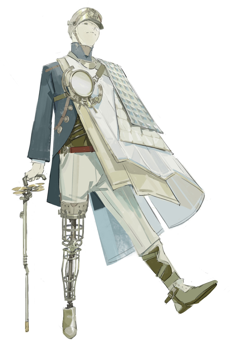 1boy bandaged_head bandages belt blue_jacket brown_shoes cane chenrong96 chin_strap closed_mouth full_body green_shirt grey_eyes hat high_collar highres holding holding_cane jacket leg_up long_sleeves looking_afar male_focus one_eye_covered original pants prosthesis prosthetic_leg shako_cap shirt shirt_tucked_in shoes side_cape simple_background solo split_mouth standing standing_on_one_leg white_background white_pants yellow_hat