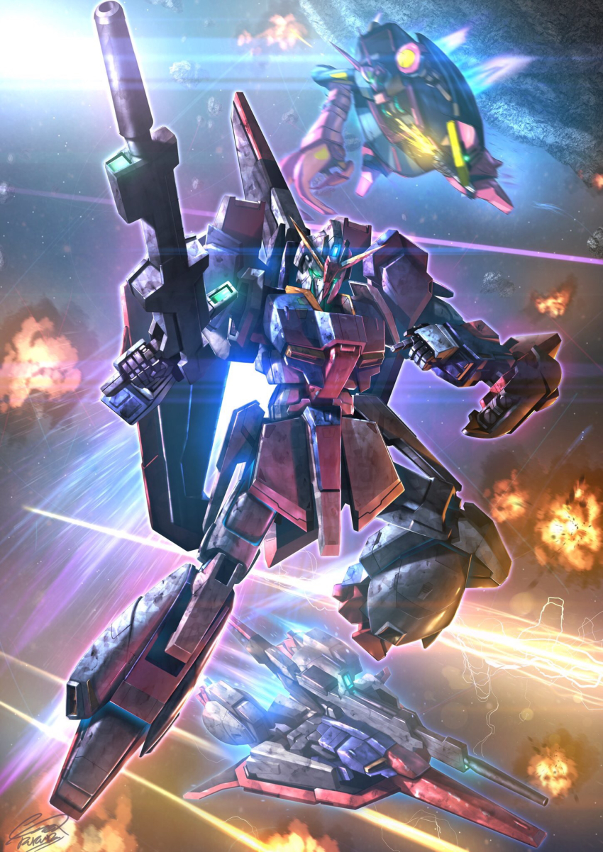 baund_doc beam_rifle energy_gun floating glowing glowing_eyes green_eyes gun gundam highres holding holding_gun holding_weapon looking_down mecha no_humans raruru robot solo_focus space v-fin wave_rider weapon zeta_gundam zeta_gundam_(mobile_suit)